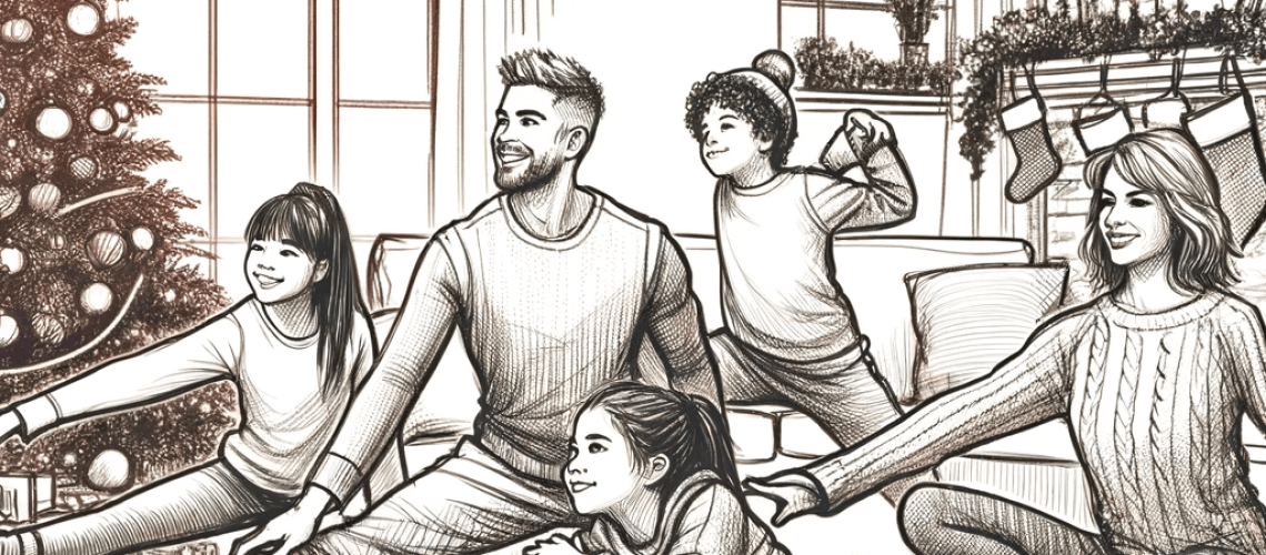 illustration of a family enjoying a stretching session together at home during the festive season